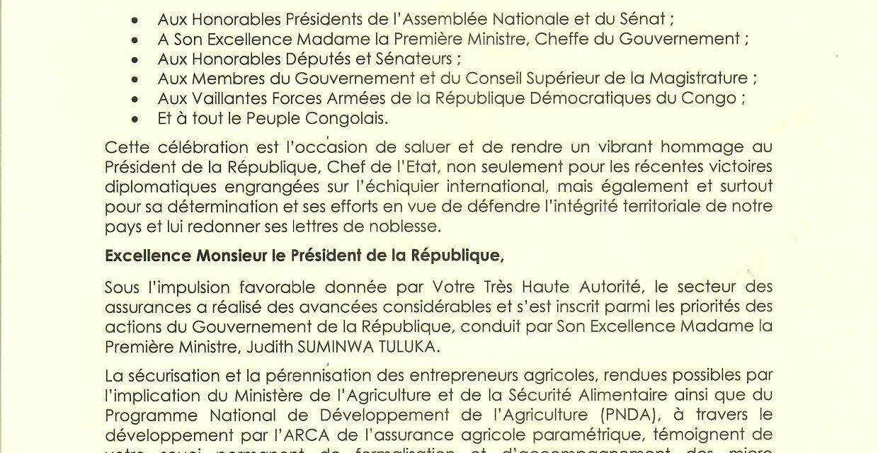 MESSAGE DE VŒUX A SON EXCELLENCE MONSIEUR LE PRESIDENT DE LA REPUBLIQUE DEMOCRATIQUE DU CONGO, A L&rsquo;OCCASION DU 66ème ANNIVERSAIRE DE L&rsquo;INDEPENDANCE.